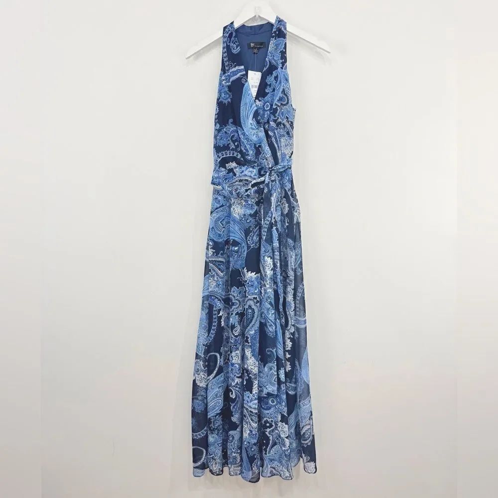 Chetta B Navy Blue White Paisley Print V Neck Sleeveless Maxi Dress NEW